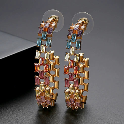Colorful Zircon Crystal Geometric Copper Earrings For Women With Hollow Electroplated Fashion Design