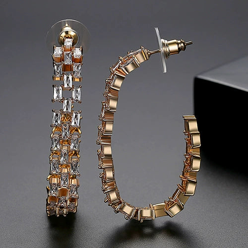 Colorful Zircon Crystal Geometric Copper Earrings For Women With Hollow Electroplated Fashion Design