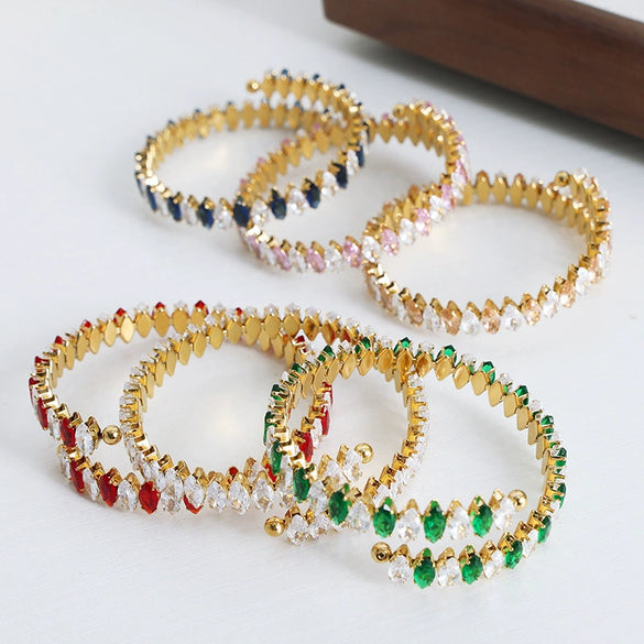 Colorful Zircon Diamond Shaped Open Bracelet In Titanium Steel With Electroplating For Women