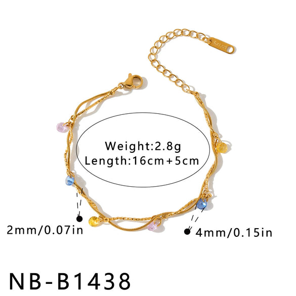 Colorful Zircon Geometric Stainless Steel Necklace And Bracelet Set For Women With 18K Vacuum Plated Finish