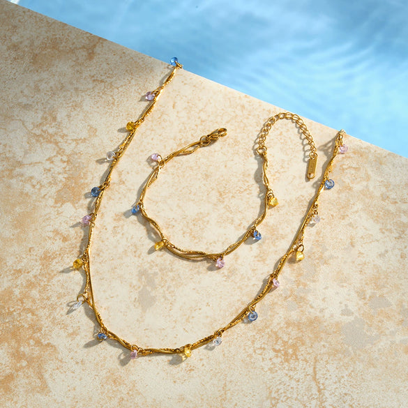 Colorful Zircon Geometric Stainless Steel Necklace And Bracelet Set For Women With 18K Vacuum Plated Finish