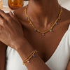 Colorful Zircon Geometric Stainless Steel Necklace And Bracelet Set For Women With 18K Vacuum Plated Finish