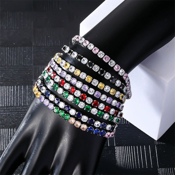 Colorful Zircon Glass Inlaid Light Luxury Style Copper Golden Plated Tennis Chain Bracelet For Women