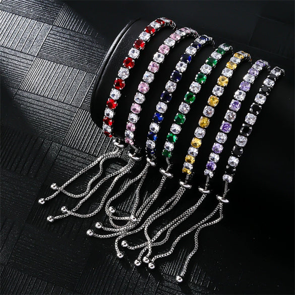Colorful Zircon Glass Inlaid Light Luxury Style Copper Golden Plated Tennis Chain Bracelet For Women