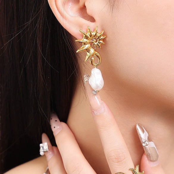 Conch Pearl And Stainless Steel Earrings With Animal And Zodiac Patterns For Women