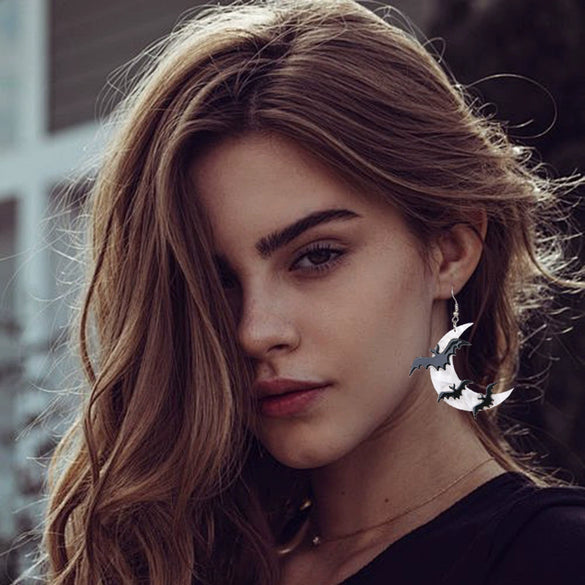 Cool Creative Halloween Moon Bat Acrylic Handmade Earrings