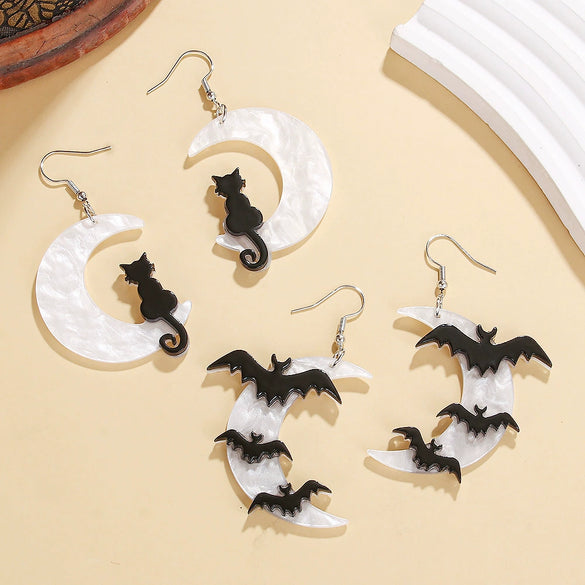 Cool Creative Halloween Moon Bat Acrylic Handmade Earrings