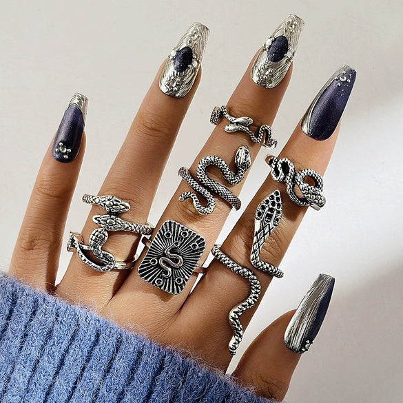 Cool Punk Style Unisex Snake Pattern Ring Set Alloy Electroplated