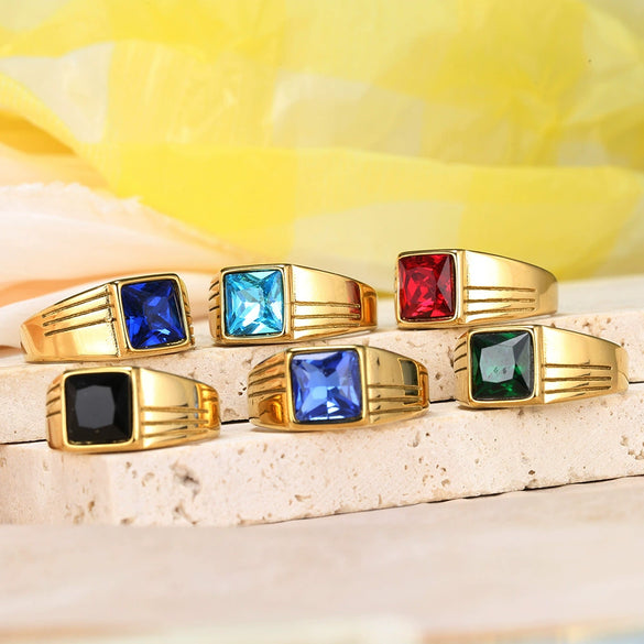 Cool Style Square Black Agate Women's Ring In Titanium Steel With Goldplated And Oiling Treatment