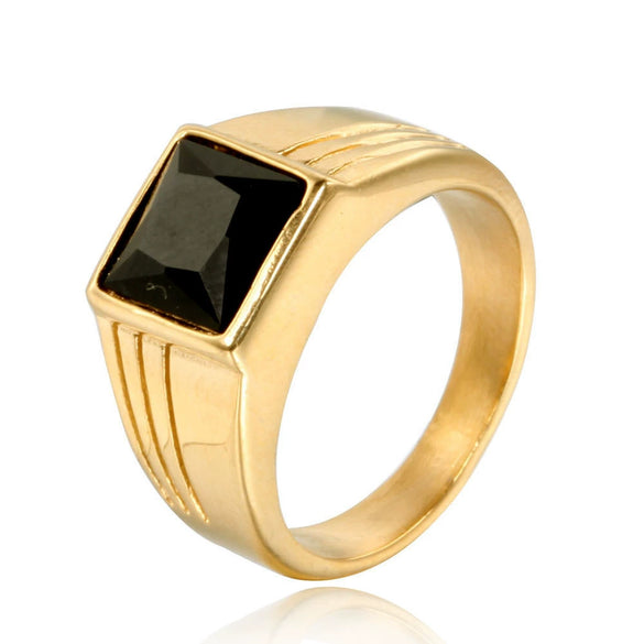 Cool Style Square Black Agate Women's Ring In Titanium Steel With Goldplated And Oiling Treatment