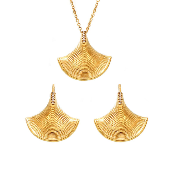 Cool Style Three Dimensional Fan Shells Zircon Pendant Necklace And Earrings Set In Titanium Steel With Electroplating For Women