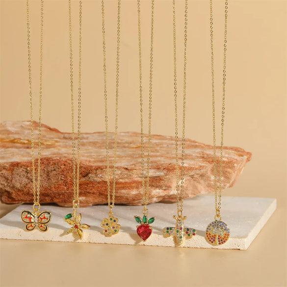 Copper 14K Gold Plated Vintage Style Simple Style Commute Enamel Inlay Carrot Flower Butterfly Zircon Pendant Necklace