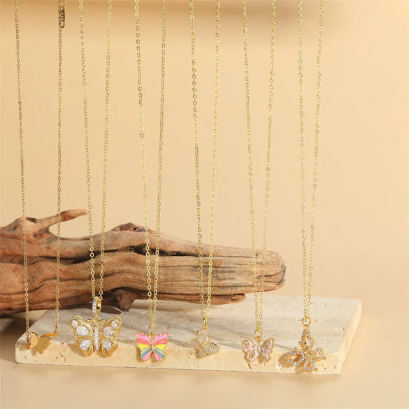 Copper 14K Gold Plated Vintage Style Simple Style Plating Inlay Butterfly Zircon Pendant Necklace