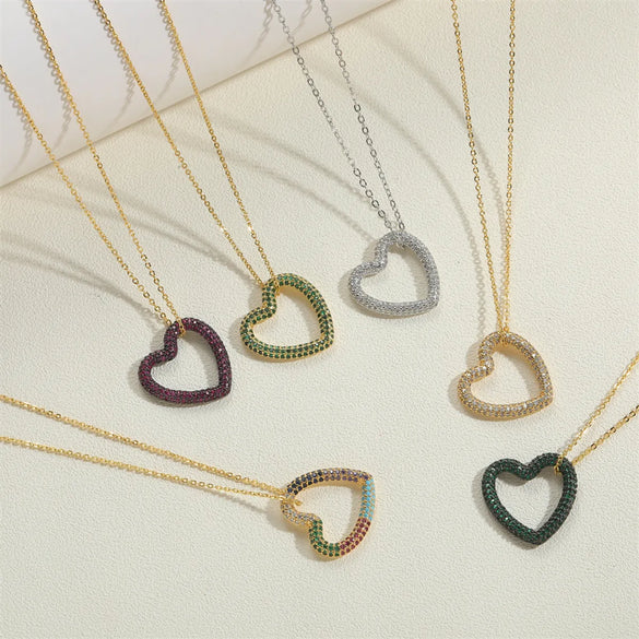Copper 14K Gold Plated White Gold Plated Vintage Style Heart Shape Inlay Zircon Pendant Necklace