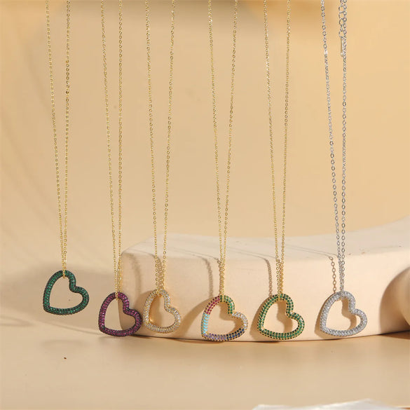 Copper 14K Gold Plated White Gold Plated Vintage Style Heart Shape Inlay Zircon Pendant Necklace