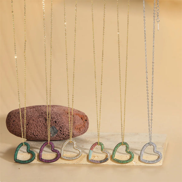 Copper 14K Gold Plated White Gold Plated Vintage Style Heart Shape Inlay Zircon Pendant Necklace