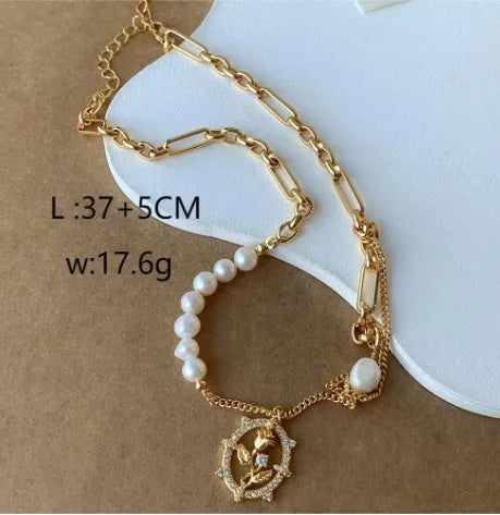 Copper 18K Gold Plated Beach Artistic Shiny Rose Pearl Hollow Out Inlay Zircon Bracelets Necklace