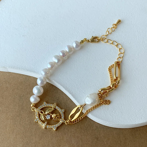 Copper 18K Gold Plated Beach Artistic Shiny Rose Pearl Hollow Out Inlay Zircon Bracelets Necklace