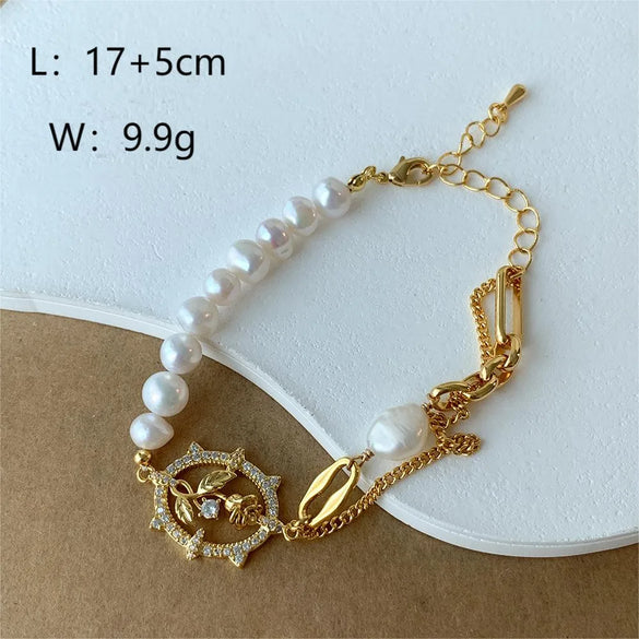 Copper 18K Gold Plated Beach Artistic Shiny Rose Pearl Hollow Out Inlay Zircon Bracelets Necklace