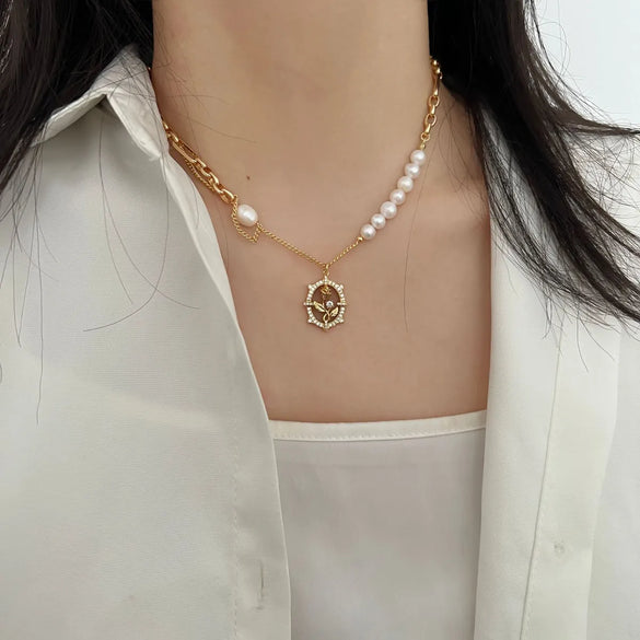 Copper 18K Gold Plated Beach Artistic Shiny Rose Pearl Hollow Out Inlay Zircon Bracelets Necklace