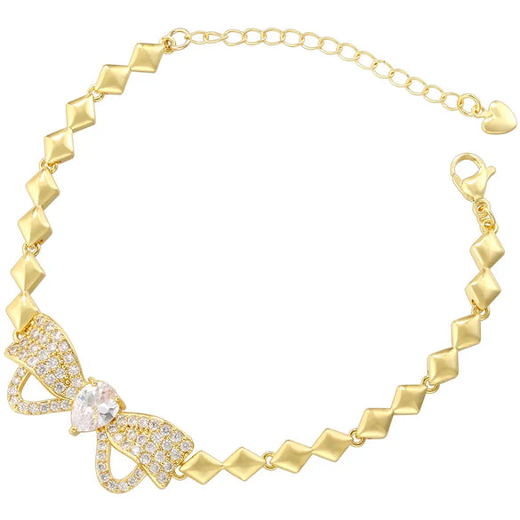 Copper 18K Gold Plated Casual Simple Style Shiny Inlay Bow Knot Zircon Bracelets Necklace