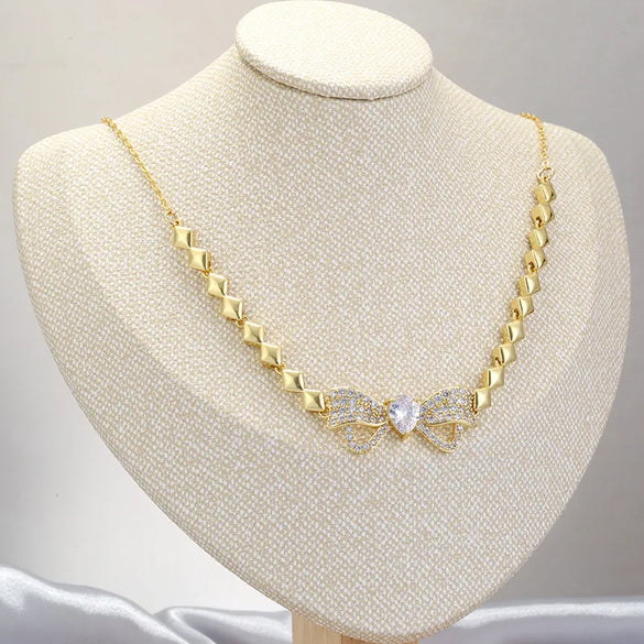 Copper 18K Gold Plated Casual Simple Style Shiny Inlay Bow Knot Zircon Bracelets Necklace