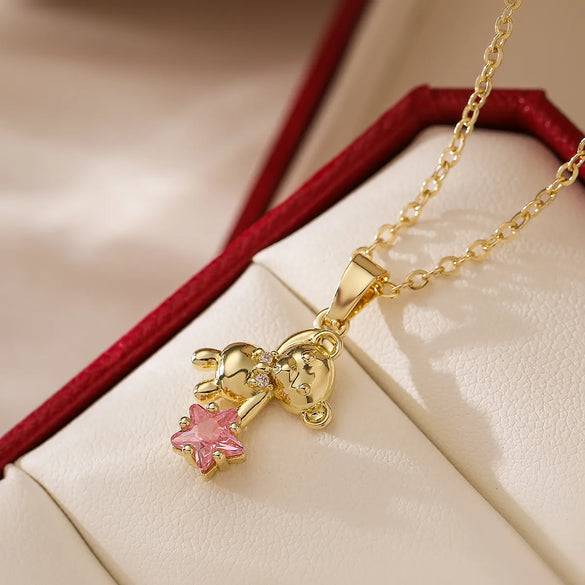 Copper 18K Gold Plated Cute Simple Style Commute Inlay Little Bear Star Zircon Pendant Necklace