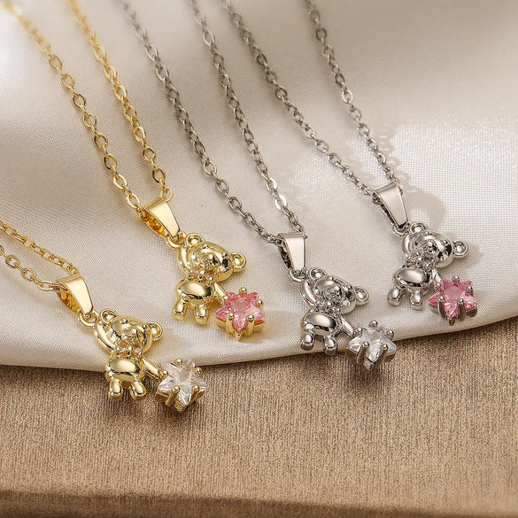 Copper 18K Gold Plated Cute Simple Style Commute Inlay Little Bear Star Zircon Pendant Necklace