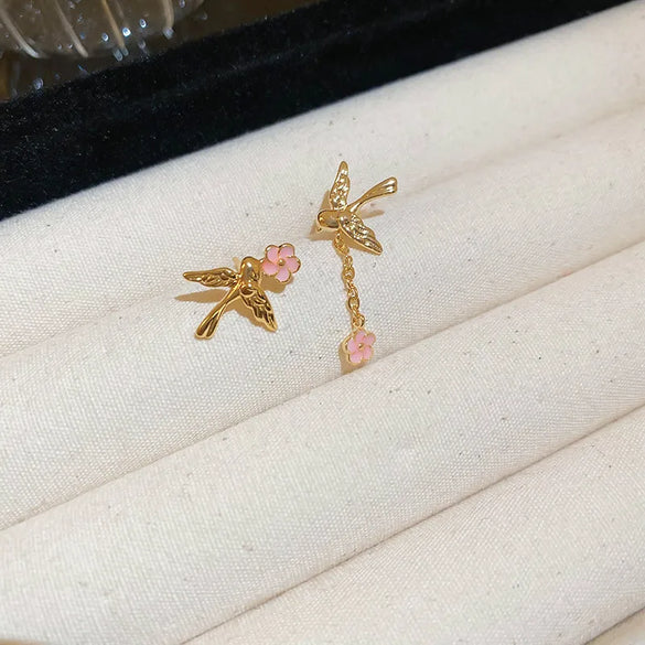 Copper 18K Gold Plated Elegant Streetwear Enamel Flower Bird Rings Earrings Necklace