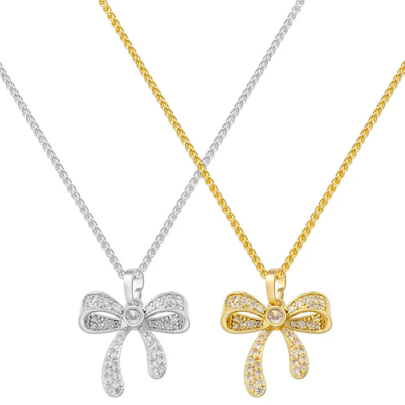 Copper 18K Gold Plated Elegant Vacation Sweet Inlay Bow Knot Zircon Pendant Necklace