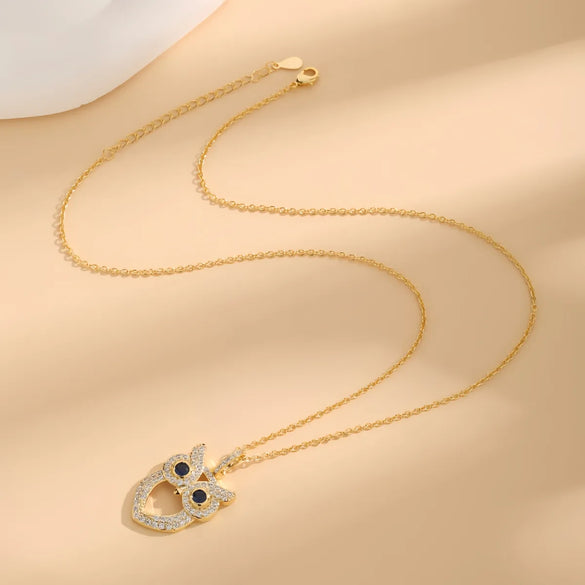 Copper 18K Gold Plated Hollow Out Inlay Owl Zircon Pendant Necklace