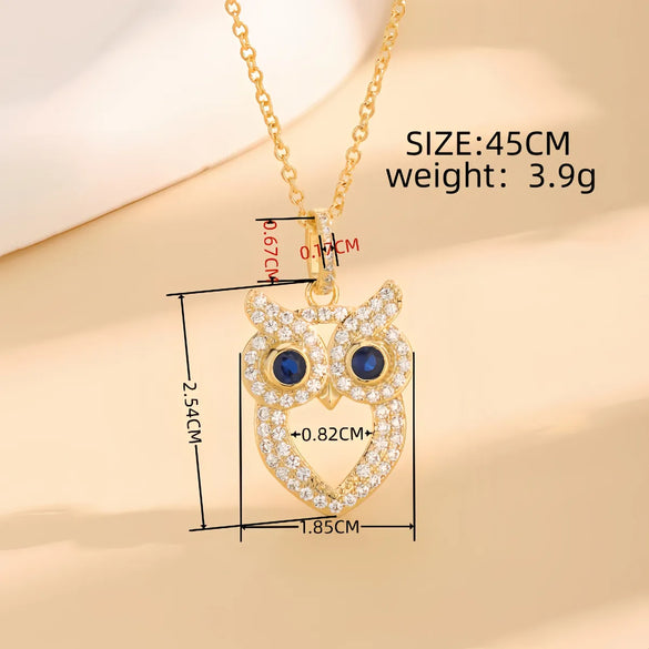 Copper 18K Gold Plated Hollow Out Inlay Owl Zircon Pendant Necklace