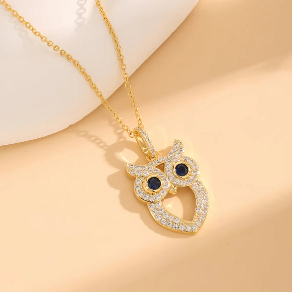 Copper 18K Gold Plated Hollow Out Inlay Owl Zircon Pendant Necklace