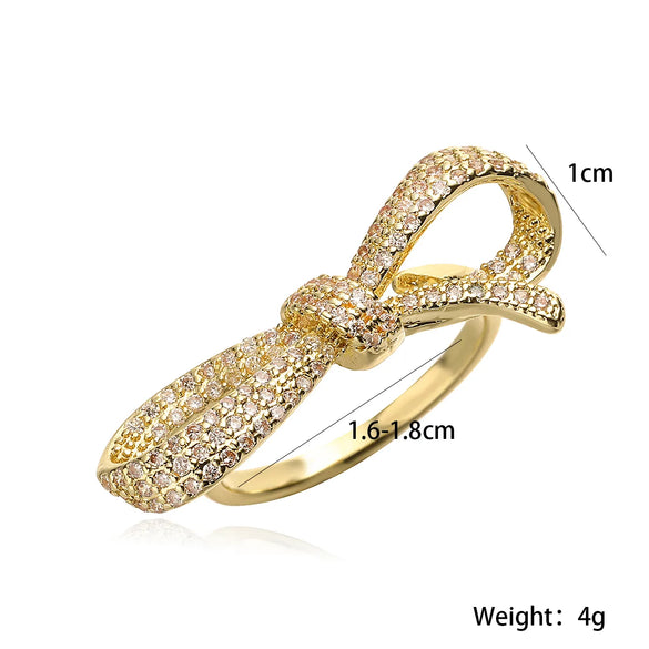 Copper 18K Gold Plated Inlay Bow Knot Zircon Open Rings