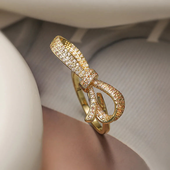 Copper 18K Gold Plated Inlay Bow Knot Zircon Open Rings