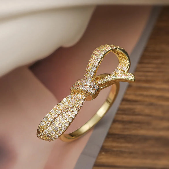 Copper 18K Gold Plated Inlay Bow Knot Zircon Open Rings