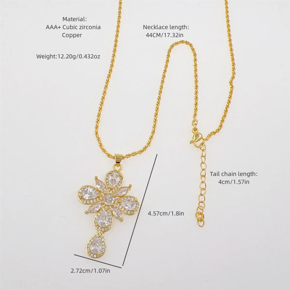 Copper 18K Gold Plated Inlay Cross Water Droplets Zircon Pendant Necklace
