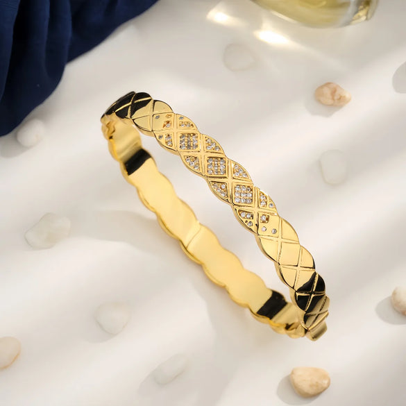 Copper 18K Gold Plated Inlay Geometric Zircon Bangle