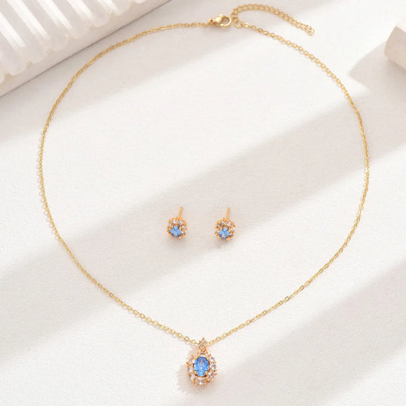 Copper 18K Gold Plated Inlay Geometric Zircon Earrings Necklace Jewelry Set