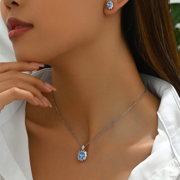 Copper 18K Gold Plated Inlay Geometric Zircon Earrings Necklace Jewelry Set