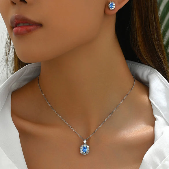 Copper 18K Gold Plated Inlay Geometric Zircon Earrings Necklace Jewelry Set