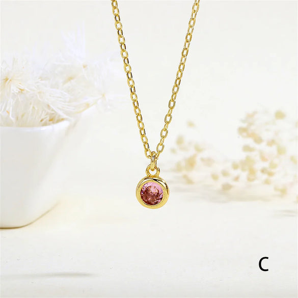 Copper 18K Gold Plated Inlay Round Zircon Pendant Necklace