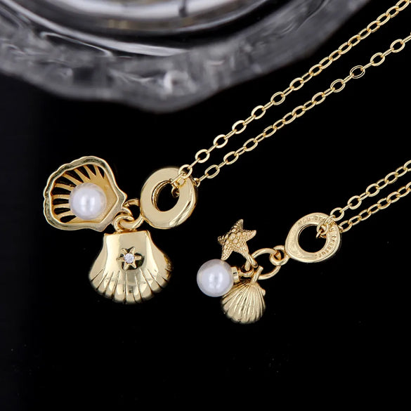 Copper 18K Gold Plated Inlay Starfish Shell Artificial Pearls Zircon Pendant Necklace