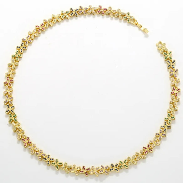 Copper 18K Gold Plated Plating Inlay Flower Petal Zircon Bracelets Necklace Jewelry Set