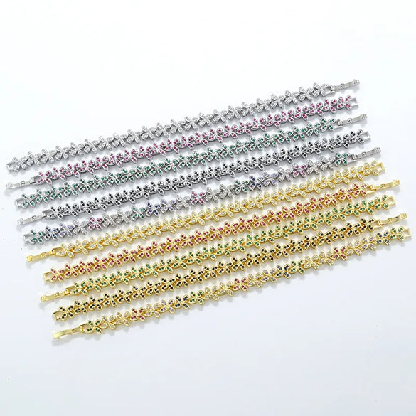 Copper 18K Gold Plated Plating Inlay Flower Petal Zircon Bracelets Necklace Jewelry Set