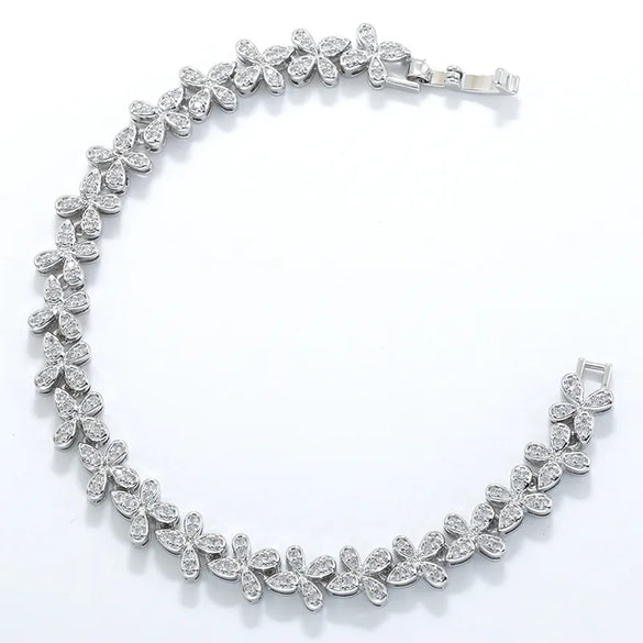 Copper 18K Gold Plated Plating Inlay Flower Petal Zircon Bracelets Necklace Jewelry Set