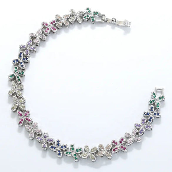 Copper 18K Gold Plated Plating Inlay Flower Petal Zircon Bracelets Necklace Jewelry Set