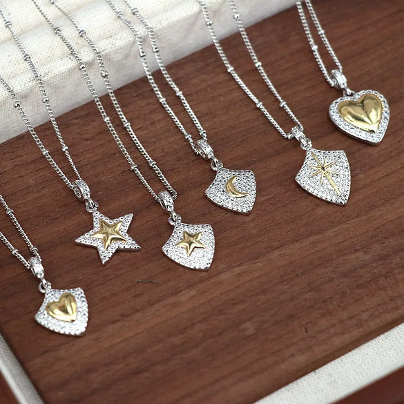 Copper 18K Gold Plated Plating Inlay Pentagram Moon Heart Shape Zircon Pendant Necklace