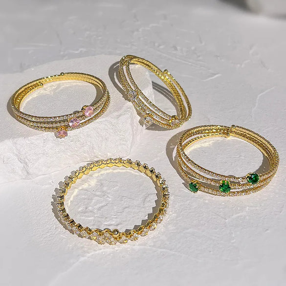 Copper 18K Gold Plated Plating Inlay Square Rhombus Zircon Bangle