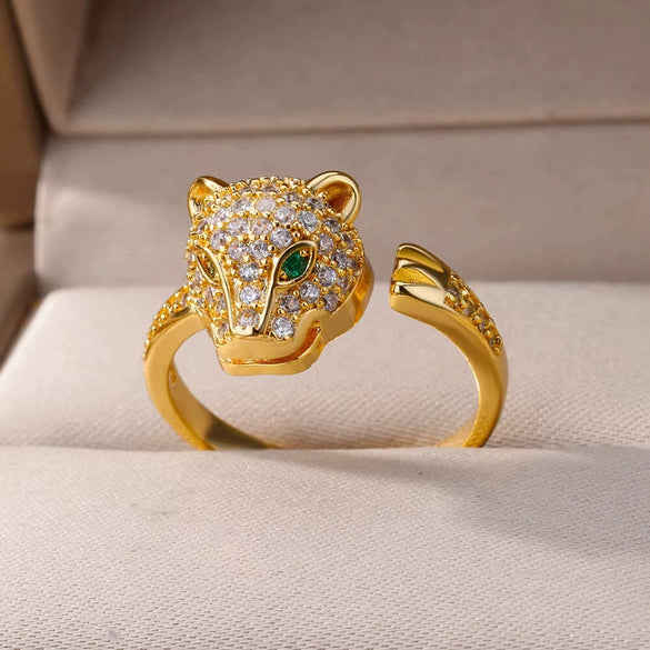 Copper Animal Leopard Head Open Ring Electroplated With Colorful Zircon Microinlay
